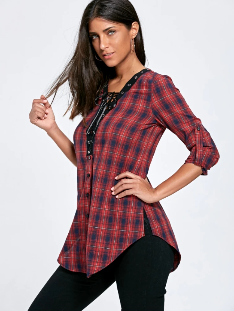 

Women Long Sleeve Tops, Wine Red Plaid Printed Pattern Plunging Neckline Blouse, M/ L/ XL/ XXL