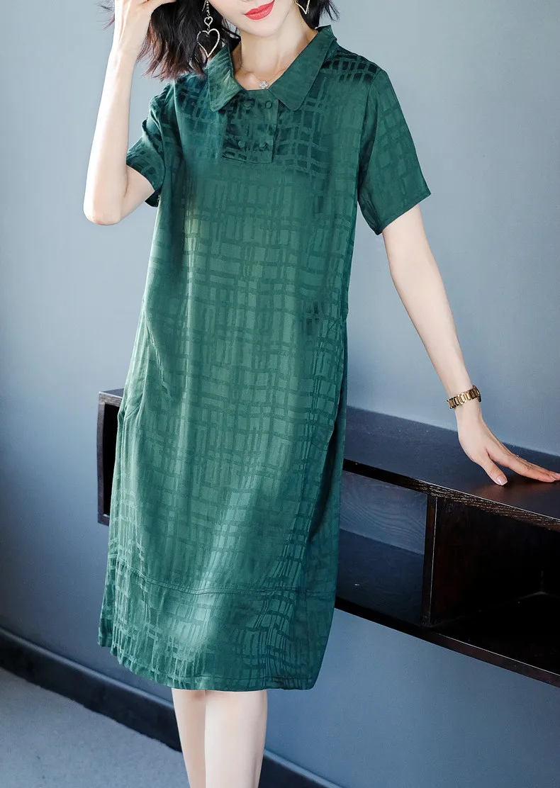 

Dress Woman Summer S-3XL New Korean Style Peter Pan Collar Short Sleeves Loose A-Line Solid Colour Casual Dress Knee Length