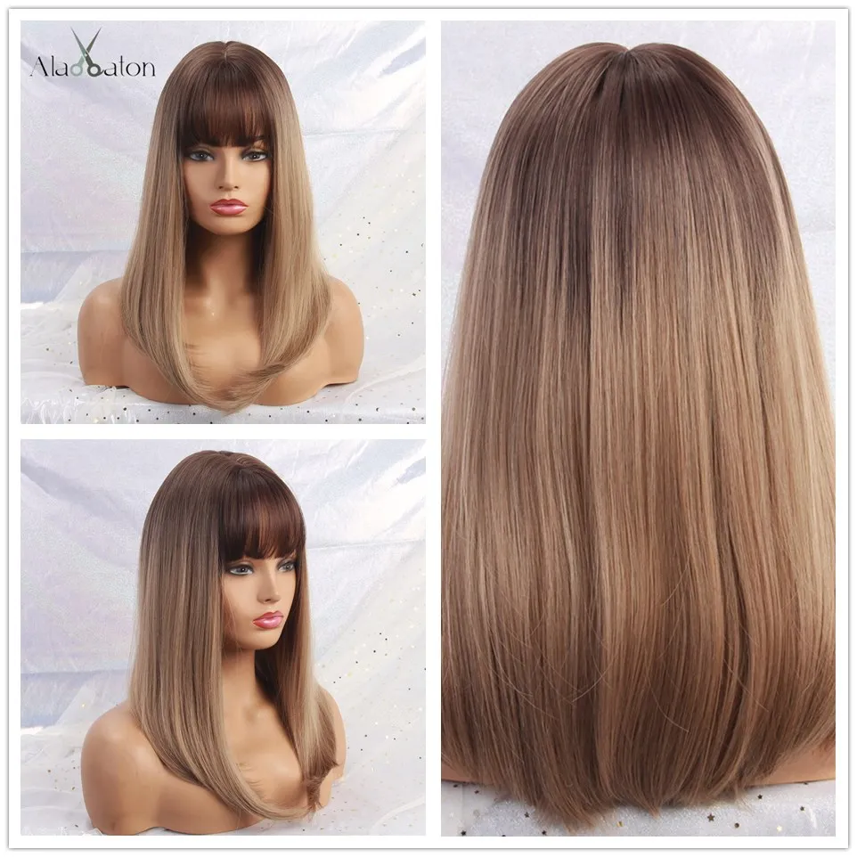 

ALAN EATON Medium Wavy Bob Synthetic Wigs Natural Middle Part Ombre Light Brown Blonde Cosplay Wig for Women Heat Resistant Hair