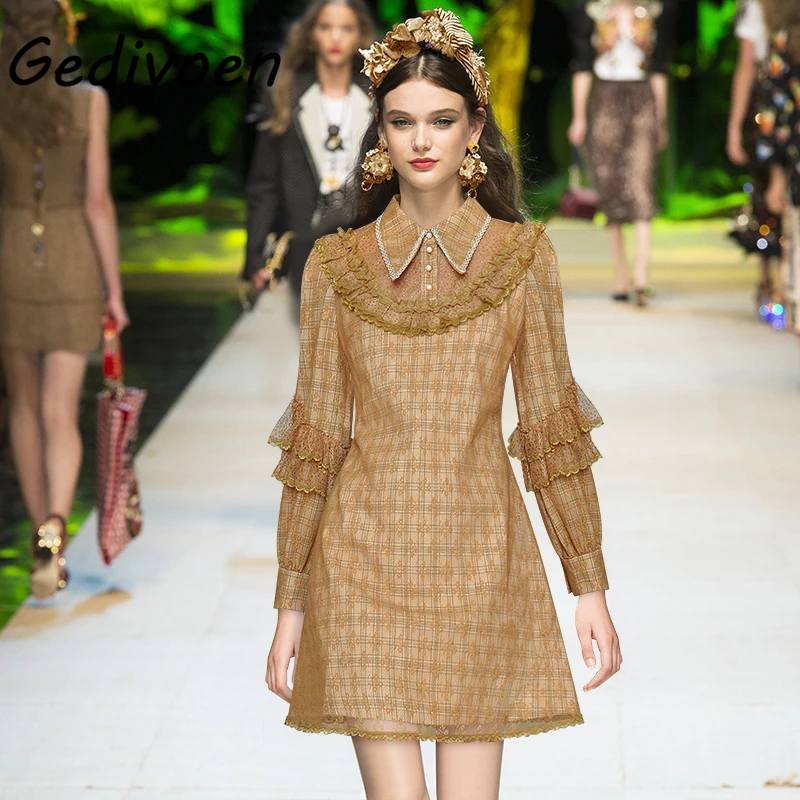 

Gedivoen Fashion 2021 New Autumn Women Short Dress Turn-down Collar Spliced Lace Ruffles Full Sleeve Plaid Print A-Line Dresses