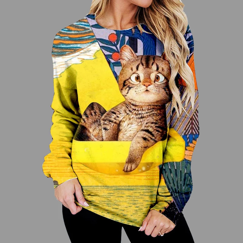 2022 Spring New Top Pullover Jacket Women Tracksuits Cute Cat  Print Sweatshirt Female Long Sleeve Loose Coat O-Neck Clothes