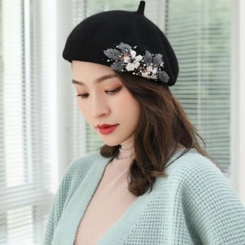 

Beret Hats for Women French Artist hat Fashion Ladies Winter Beanie Embroidered Handmade Flower with Colorful Crystal