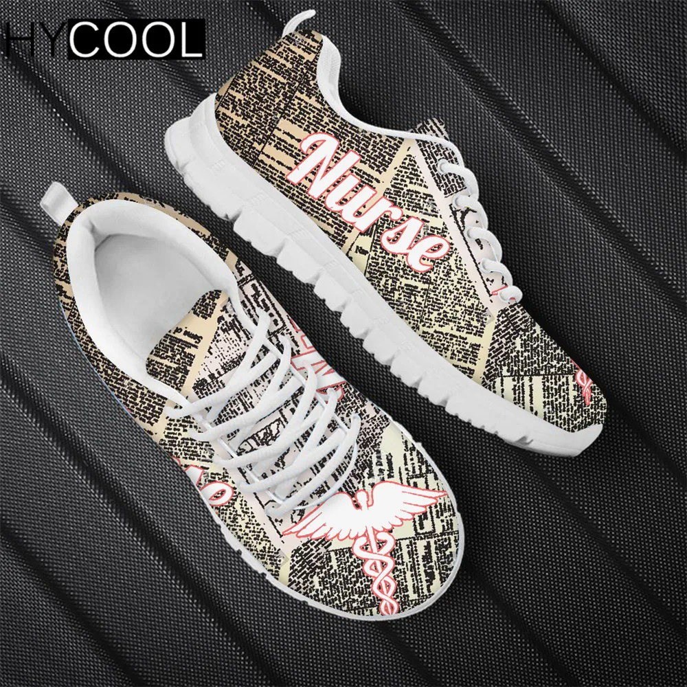 

HYCOOL Women's Shoes Lace Up Female Footwear Nurse Word With Newspaper Printing Female Flats Comfort Running Sneakers Femme