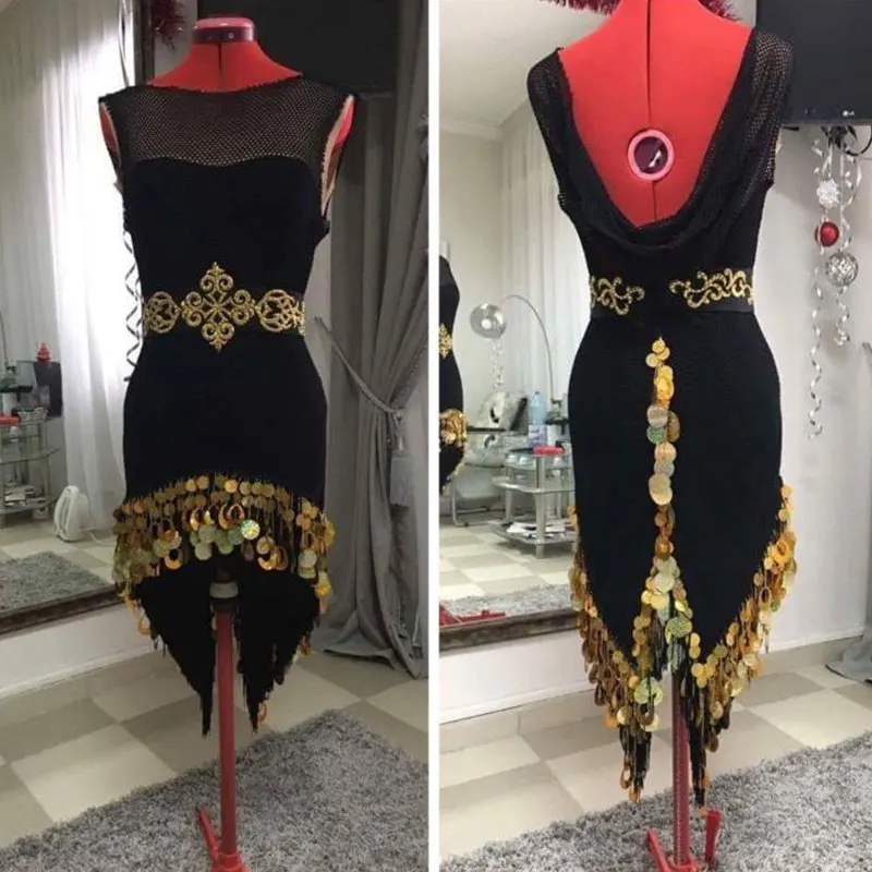 Женское платье для латиноамериканских танцев черное с золотистыми блестками