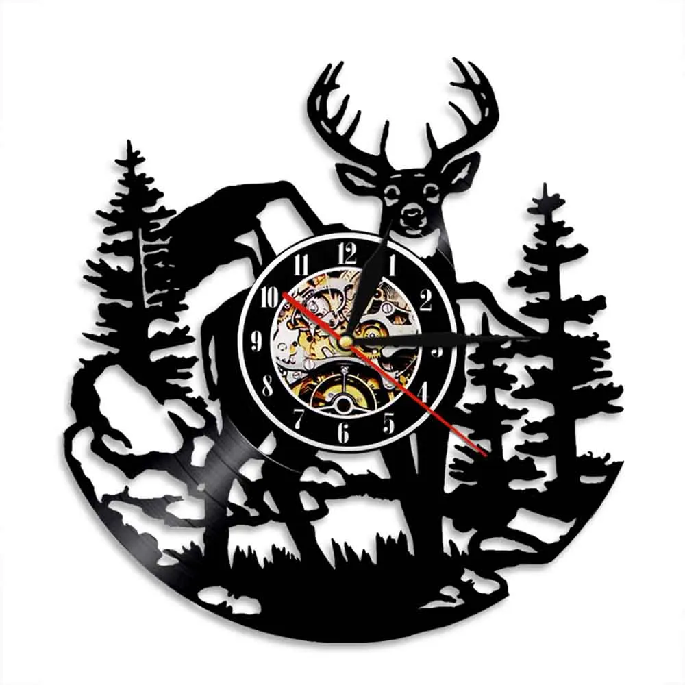 

Woodland Elk Deer Head Wall Clock Modern Design Deer Antlers Forest Wildlife Vinyl Record Hanging Silent Decor For Hunter Gift