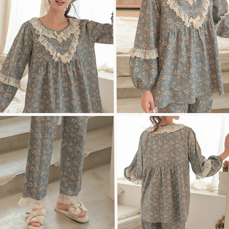 

2021 Spring Pajamas for Women Cotton Long Sleeve Floral Print Sleepwear Two-piece Set Korean Sweet Lantern Sleeve Home Clothes