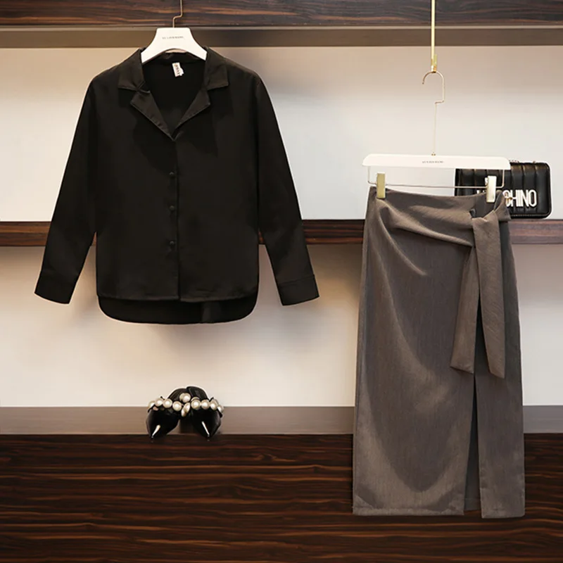 Black-Gray Set Trytree осень женский костюм из двух предметов Повседневное отложной воротник Однобортный рубашка Топы+ юбка с лентами Разделение низ комплект из 2 частей - Цвет: Black-Gray Set