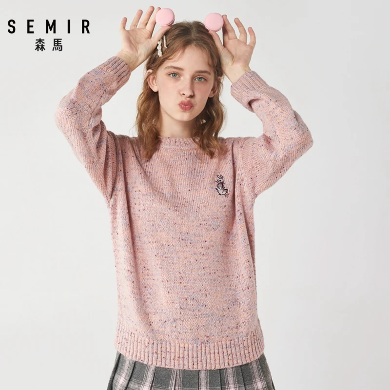 

SEMIR Sweater women 2019 winter new round neck pullover sweater cute flower embroidery shirt girl drop sleeves