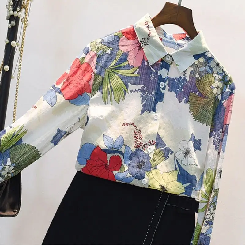 

Spring Korean Vintage Slim Print Women Shirts Long Sleeve Large Size Fashion Loose Tops Turn-Down Collar Button Classic Blouses