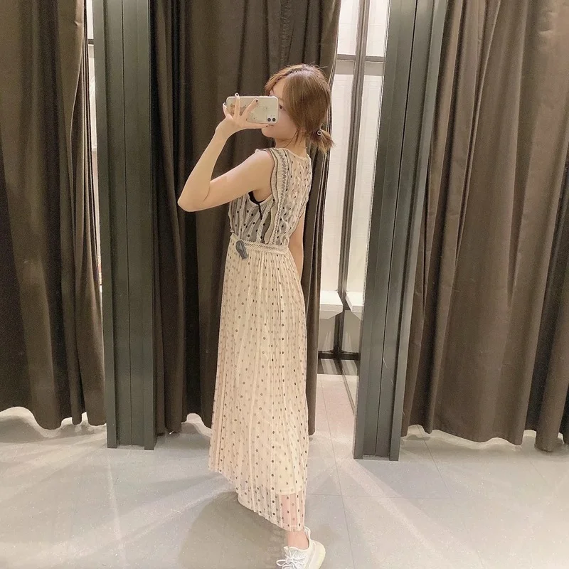 

Ins French Sweet O-neck Sleeveless Dresses for Women Lace Gauze Patchwork Polka Dot Printlong Dress Elegant Slim Ropa Mujer