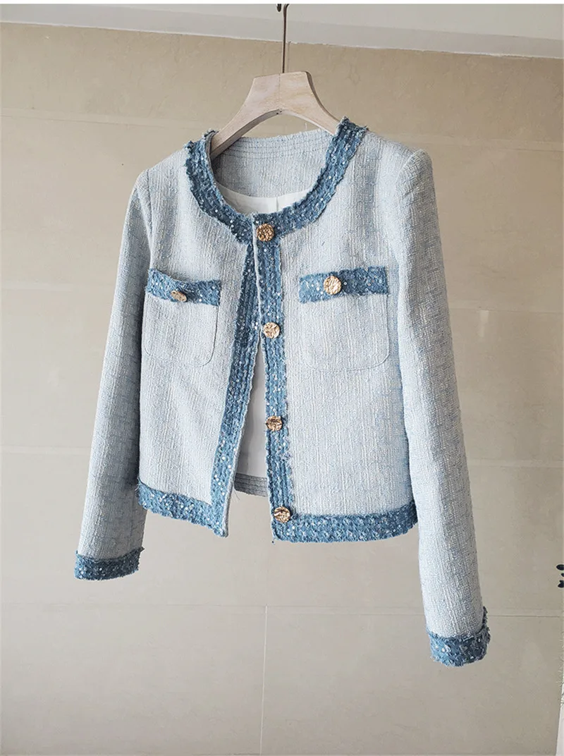 

CBAFU new autumn jacket for women long sleeve sequine tweed coat all match o neck chic runway outwear blue vintage clothes N315