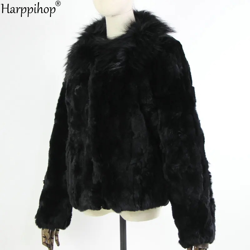 real genuine natural rabbit fur coat women long fashion raccon fur collar jacket black color Size S M L XL XXL enlarge