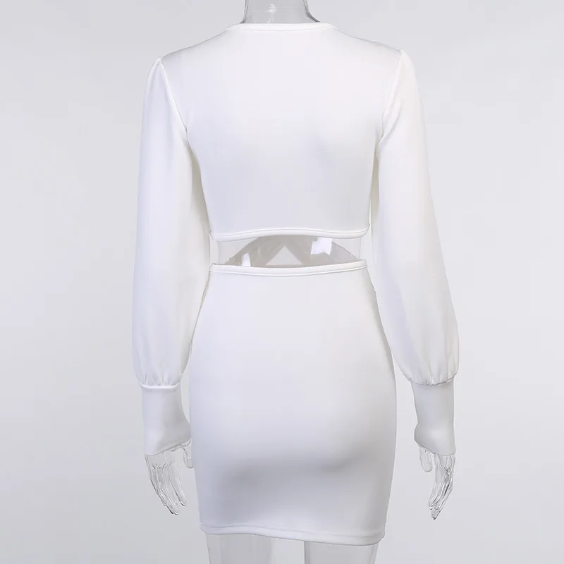 

Women Chic Office White Black Sexy Cut Out Bodycon Dress Knot Pleated V Neck Long Sleeve Mini Cocktail Dress Robe Cocktail Femme