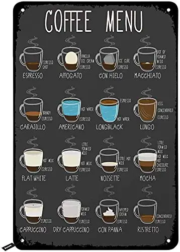 

Coffee Menu Tin Signs,Kinds of Coffee Service Here Vintage Metal Tin Sign for Men Women,Wall Decor for Bars,Restaurants,Cafes