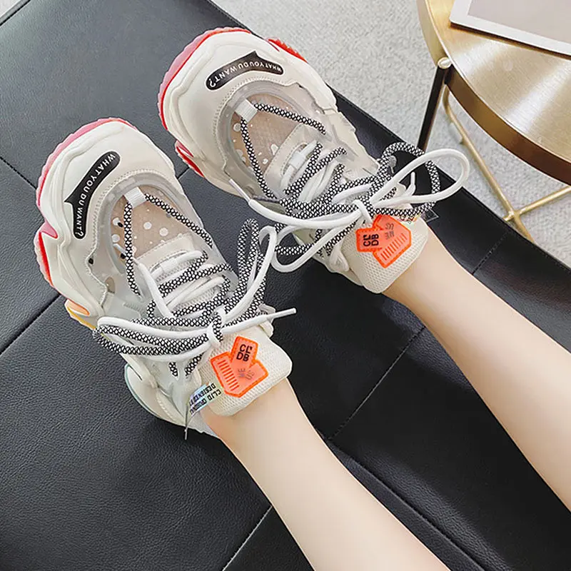

High Quality Women Platform Sneakers 2021 New Fashion Hollow Breathable Colorful Daddy Shoes Casual Walking Ins Tide Shoes