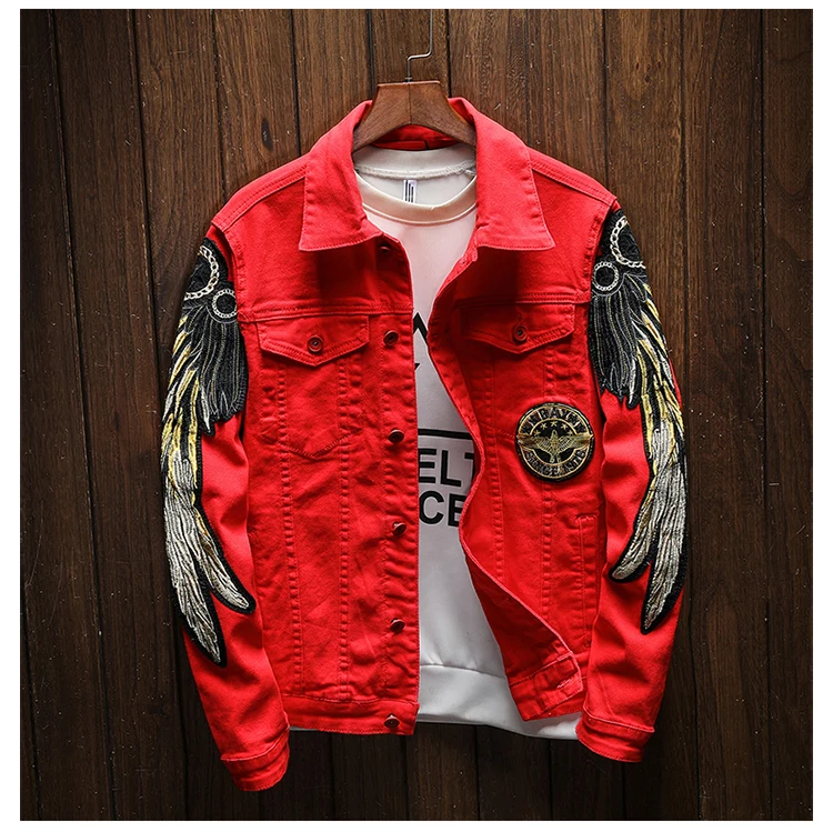 Мужская модная джинсовая куртка с крыльями Облегающая без подкладки черная