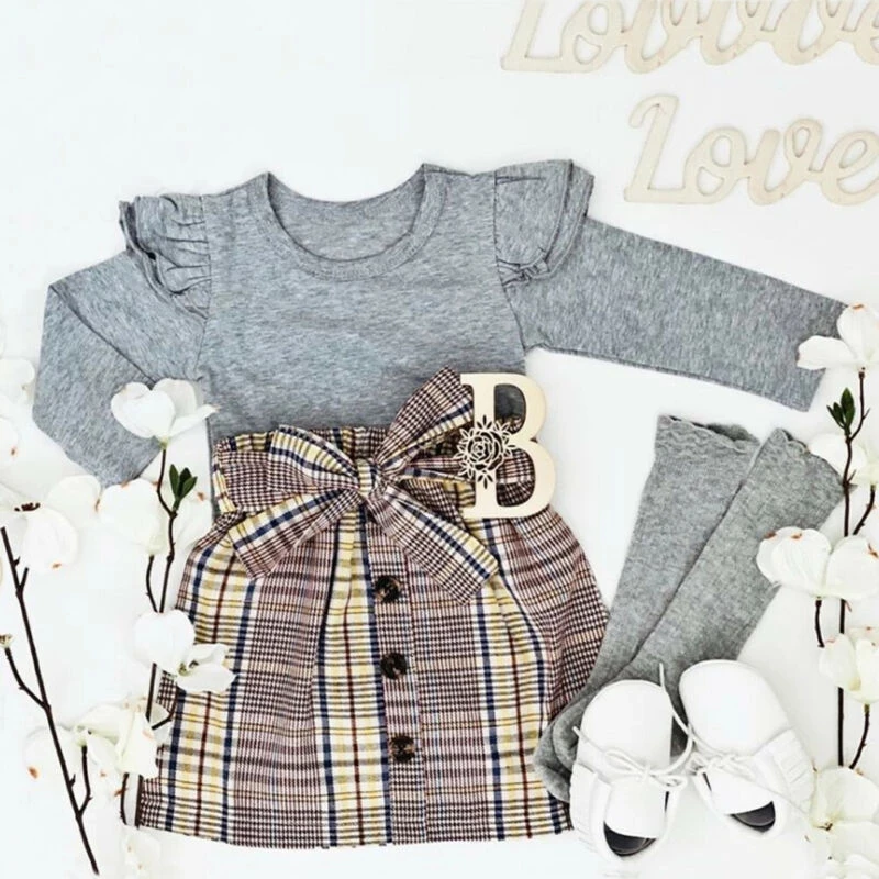 

2021 baby girl clothes girls warm flying sleeve long-sleeved tops toddler bow check plaid skirt kids clothes 2PCS