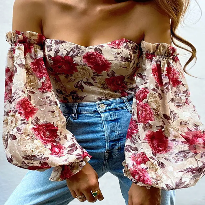 

Sexy Ladies Off-shoulder Tube Top Print Chiffon Shirts Women Casual Spring Summer Lantern Sleeves Pullover Pullover Slim Blouses