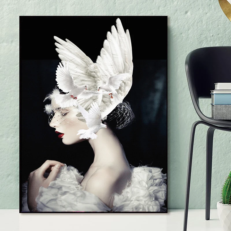 

Sexy Girl with Feather Canvas Paintings on The Wall Posters and Prints Modern Pop Art Model Wall Pictures for Living Room Decor