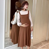 pregnant women thick dresses sets bishop sleeve full mid calf elastic casual knitted sweater maternity clothings