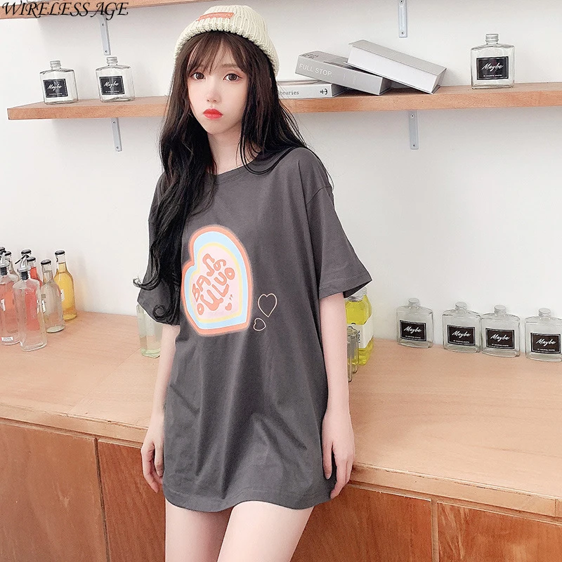 

WIRELESS AGE T Shirt Women's Round Neck Printing Love Short Sleeve Lady Loose Drop Shoulder Casual Tops New Fashion Daily Wild