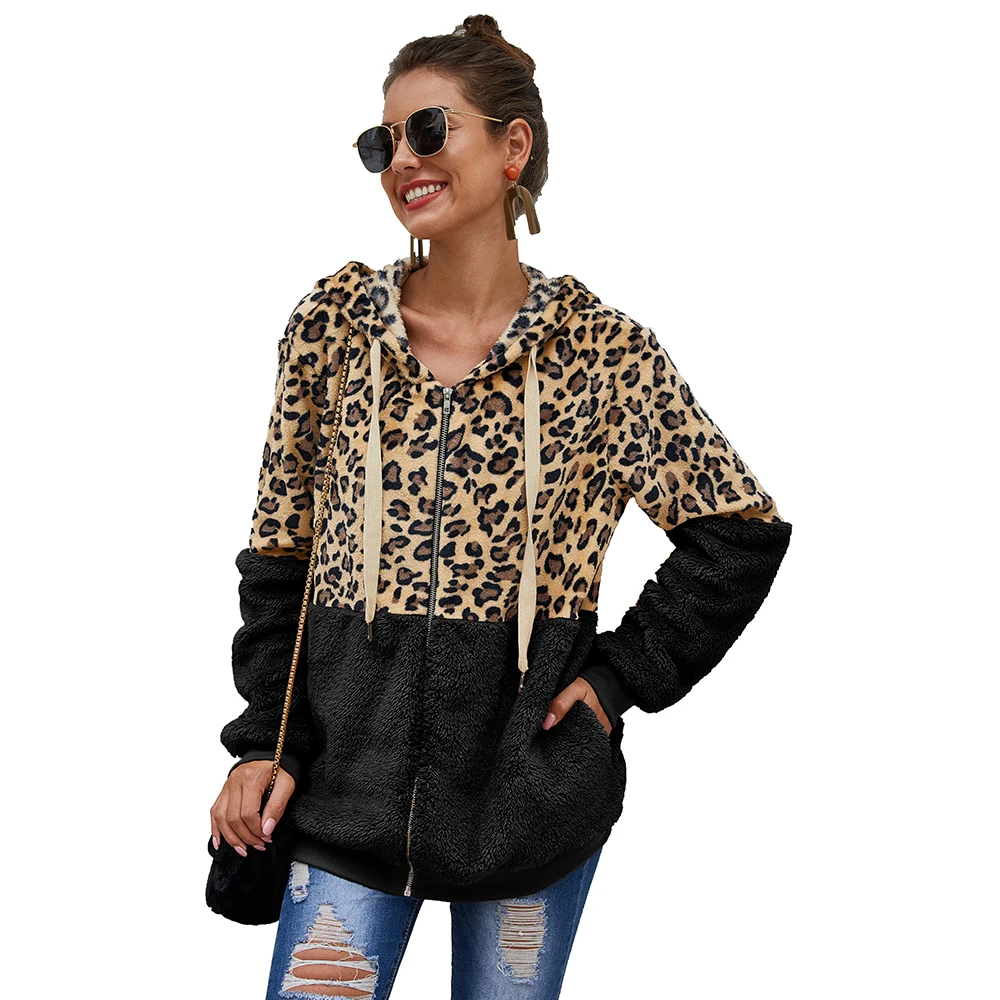 

2020 New Women's Leopard Pattern Stitching Short hoody Women's Autumn/Winter Ladies Jacket Street casual Stitching jacket