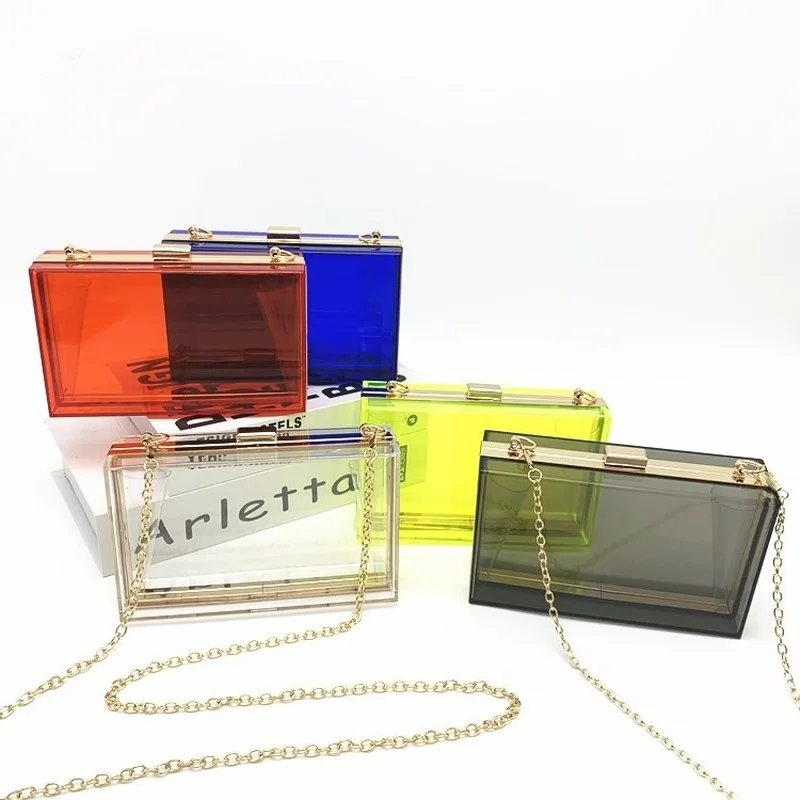 

New 2021 Trend Transparent Clear Jelly Acrylic Box Handbag with Chian for Women Elegant Evening Party Shoulder Bag Totes Female