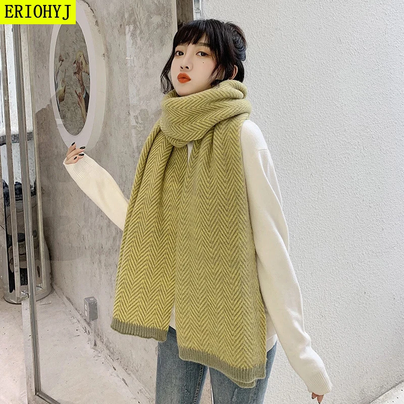 

Scarves female students in autumn and winter striped cashmere scarf knitted thick Japanese ins scarf warm scarf