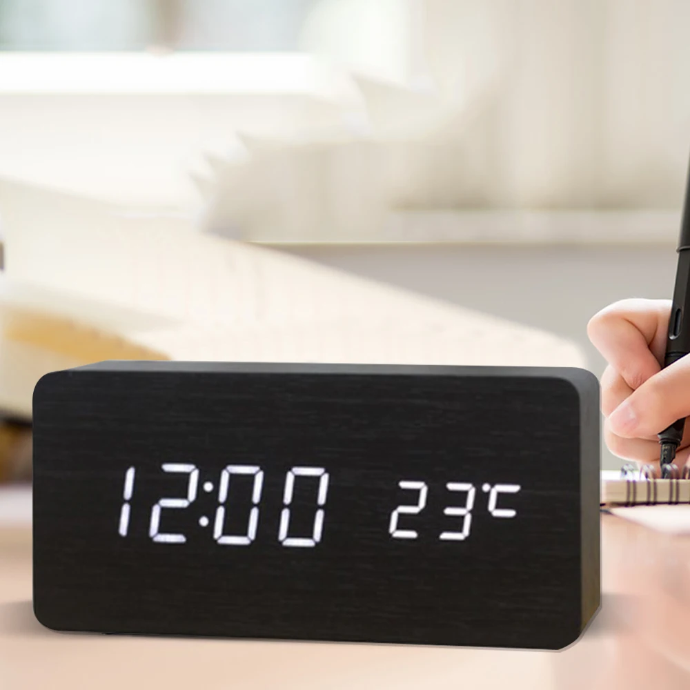 

Modern Wooden Alarm Clock Wood USB/AAA Digital LED Calendar Thermometer Bedroom