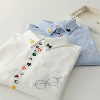 colorful buttons glasses embroidery long sleeve oxford cloth shirt blouse girl