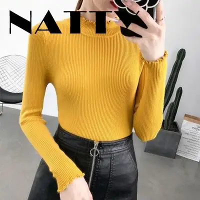 

Fall Winter Ruffles Sweater Turtleneck Ruched Women Sweaters High Elastic Solid Female Slim Sexy Knitted Pullovers 912