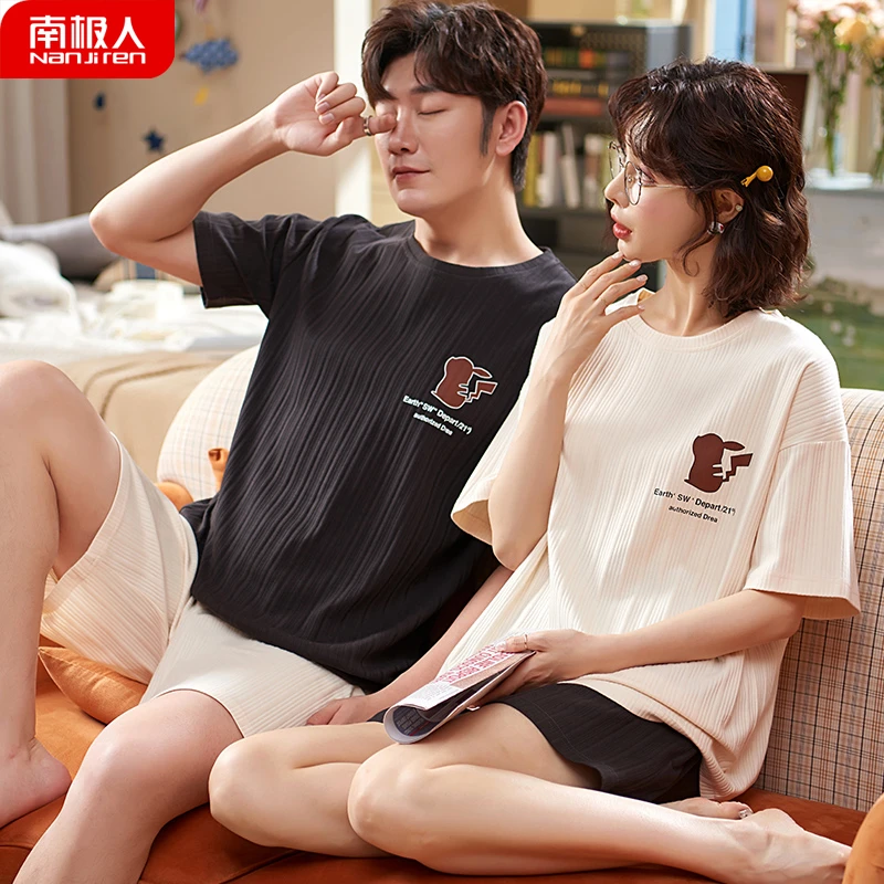 Nanjiren Couple Pajamas Womens Cotton Short Sleeve Shorts Two Piece Summer Mens Home Wear Korean Style Large Size