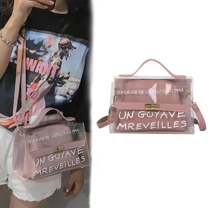 Women Composite Bags PVC Transparent Handbag Letters Printed PU Leather Purse Shoulder Bag-OPK