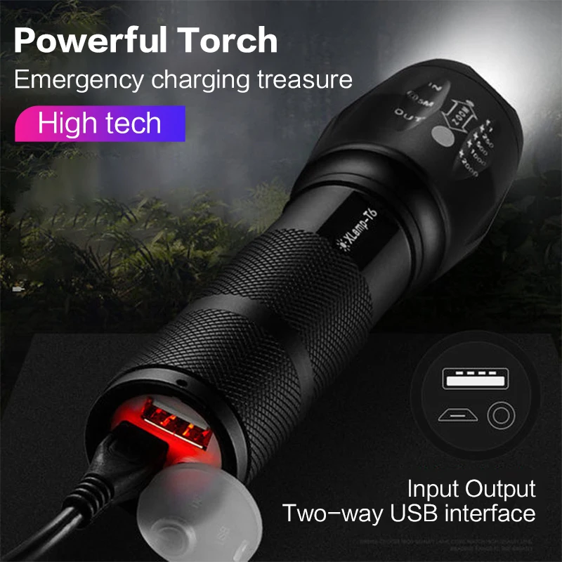 LSL LED Outdoor Waterproof Flashlight Portable USB Rechargeable T6 Tactical Hand Torch With Mobile Power for Camping Fishing