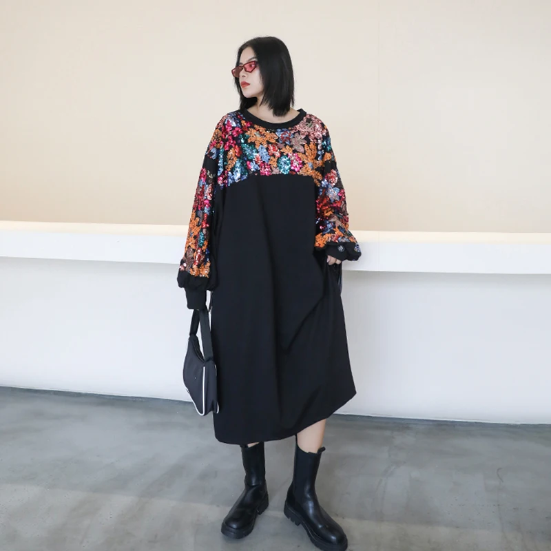 

Designer Loose Oversized Mid Dresses Female 2021 Autumn Tide Black Dress For Women O Neck Long Sleeve Patchwork Sequins