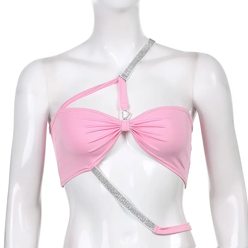 

Fashion Tank Tops Women for Summer New Top V Neck Sleeveless Solid Skinny Backless Sexy Love Rhinestone Straps Stitching Vest