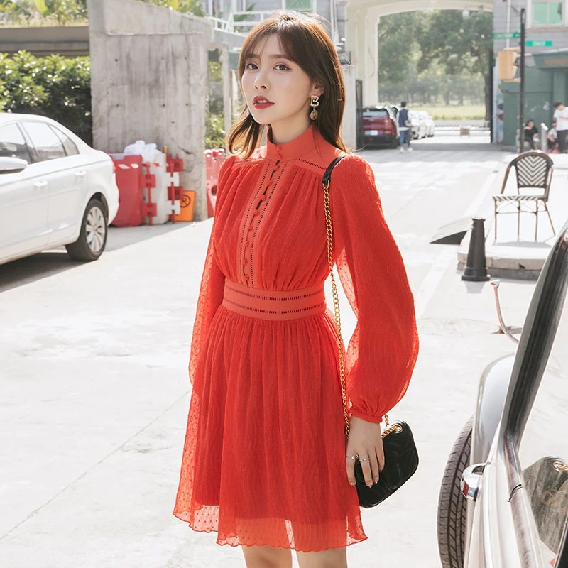 YIGELILA/осеннее Новое модное красное платье с круглым вырезом длинными рукавами в