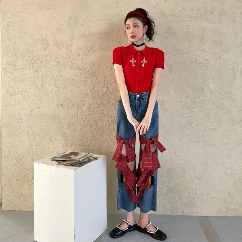 

DUOFAN Streetwear Y2k Jeans Women's Summer 2021 High Waist Straight Denim Pants Female Hollow Out Bow Korean Fashion Jeans