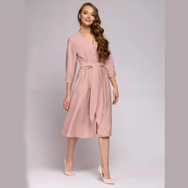 Женское Повседневное платье миди с поясом и пуговицами сексуальное однотонное v