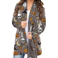women halloween cardigan pumpkin animal cat printing jacket long sleeve coat female plus size clothes polyster white lining
