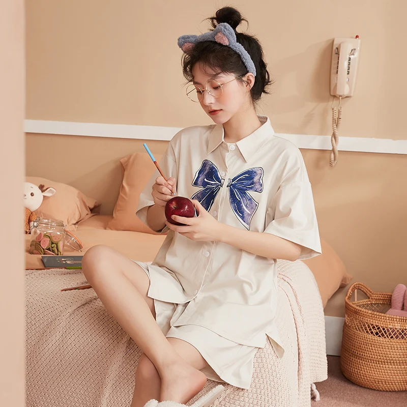 

Модная Корейская женская Хлопковая пижама с бантом звездное небо с отложным воротником для женщин летняя белая рубашка с коротким рукавом ...