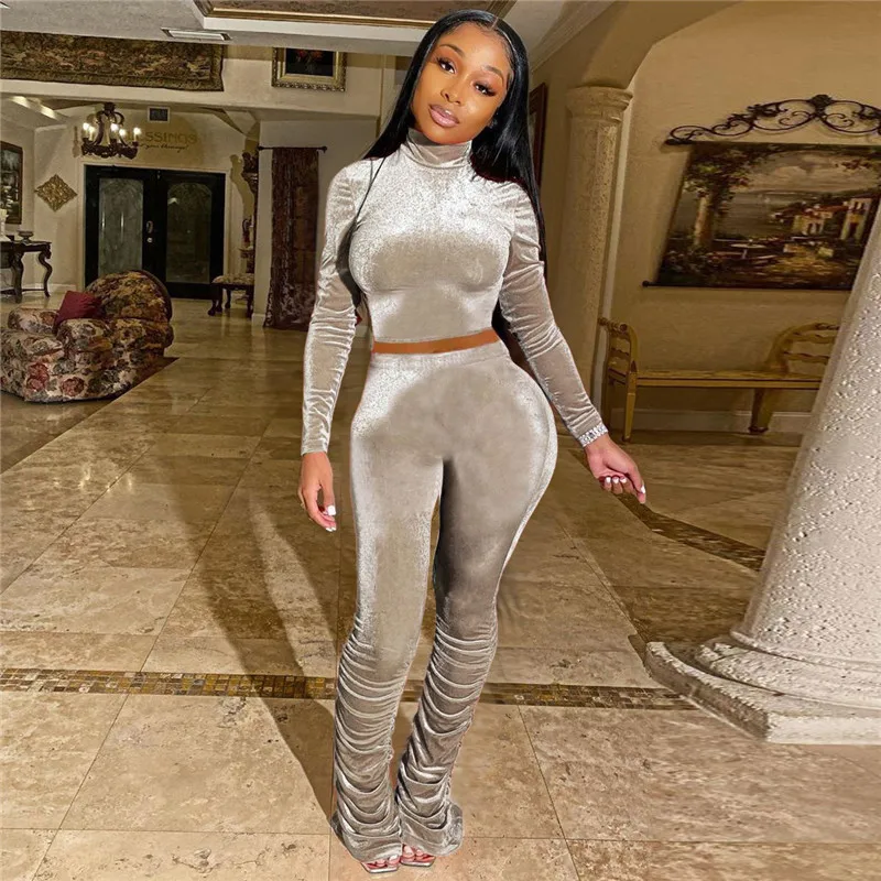 

Women knitted long sleeve o-neck top wide leg pants 2 piece set for female women tops pants two pieces sets women's suits