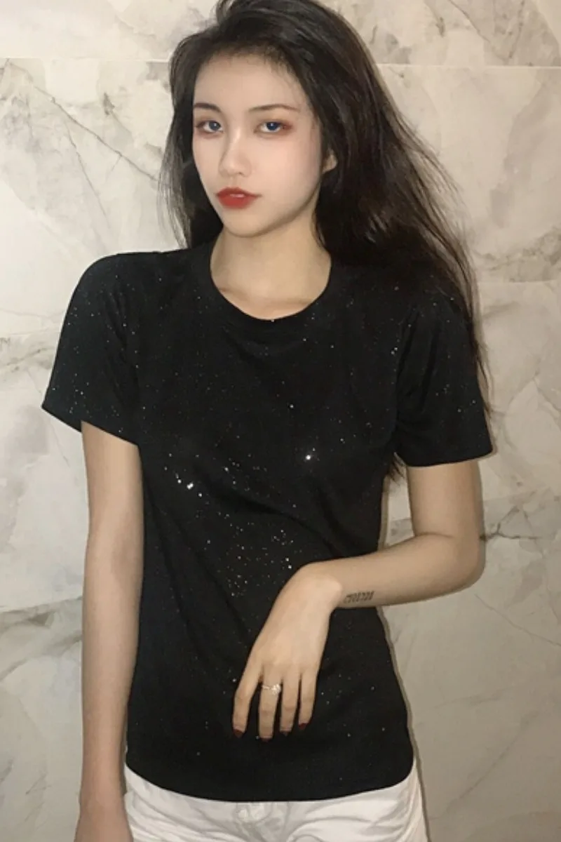 Куртка-футболка с круглым вырезом однотонная блестящая Базовая куртка лето 2019 |