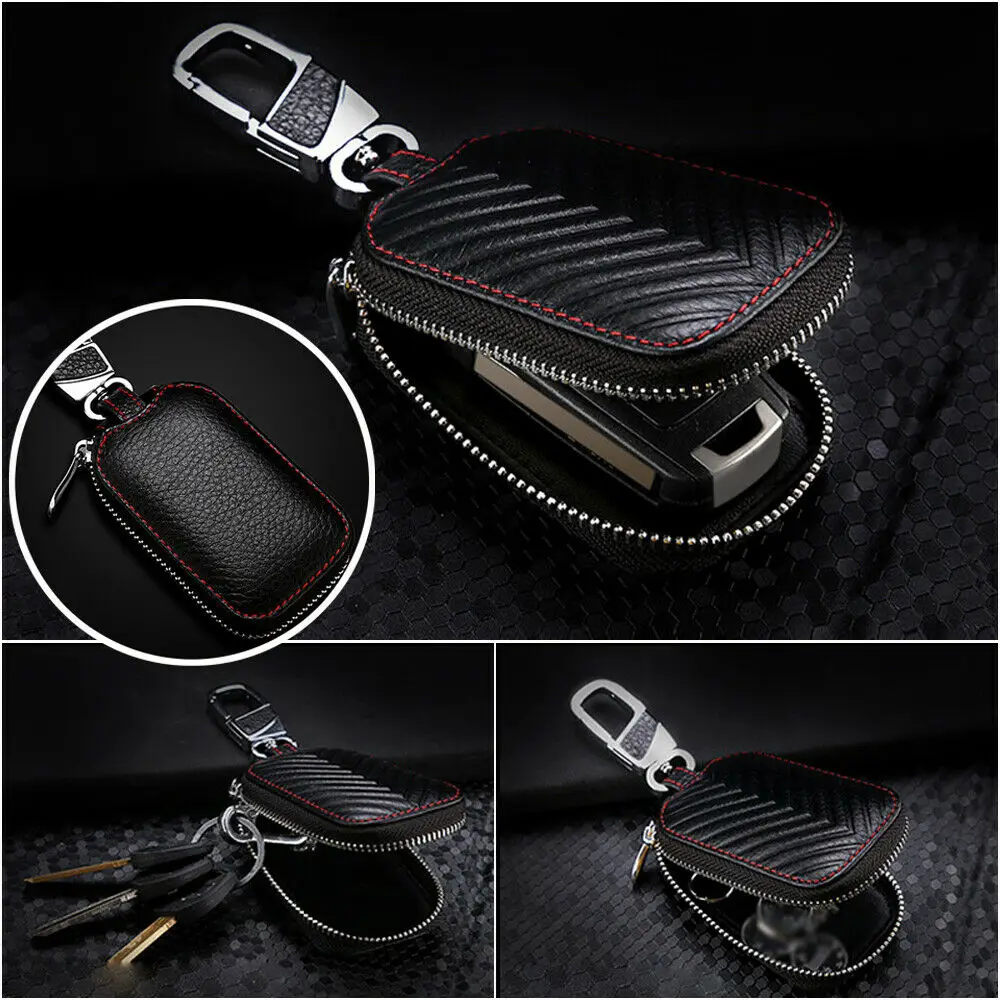 

Black Key Holder Cover Car Key Chain Bag Genuine Leather Remote Fob Zipper Case