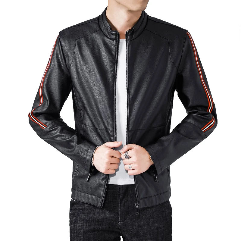 

Striped PU Leather Mens Jacket Winer O-neck Windbreak Jackets For Man Casual Faux Leather Coat Homme Warm Pocket Men's Clothing