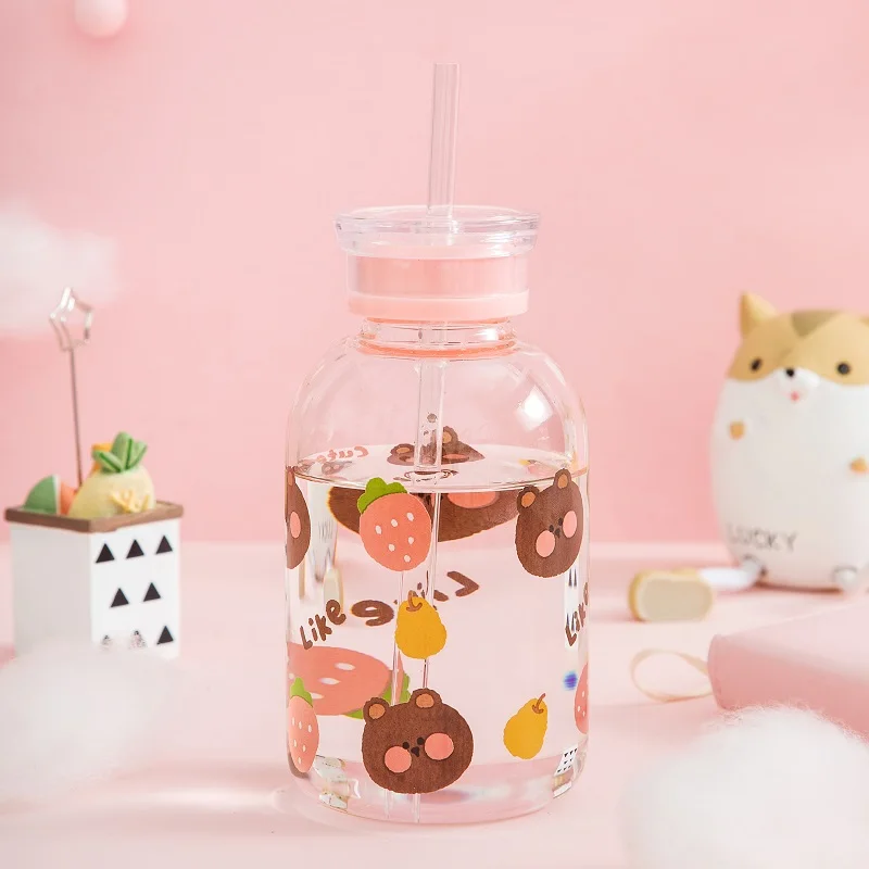 Новинка 450 мл Kawaii клубника медведь стеклянная бутылка для воды с соломенной милой