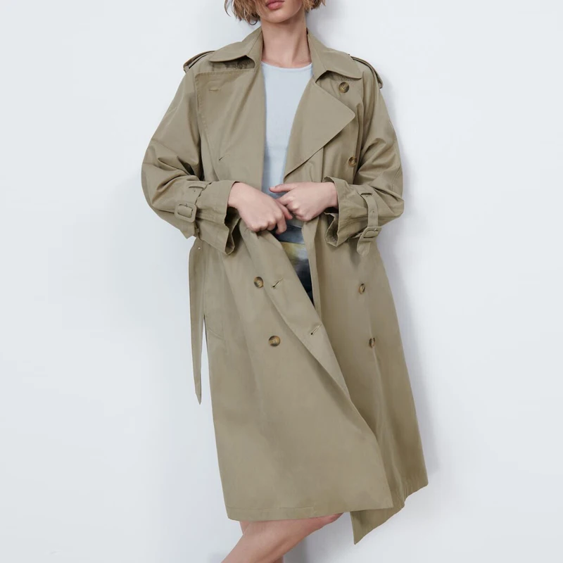 

ZAAHONEW New Spring Autumn Women Fashion Vintage Long Trench Coat Chic Button With Belt Windbreaker Female Casual Solid Outwear