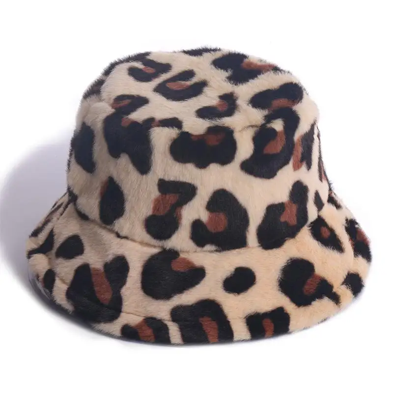 2021 New Korean Winter Vintage Leopard Plush Bucket Hat Women Warm Faux Fur Bucket Cap Japanese Sweet Cute Fisherman Hat