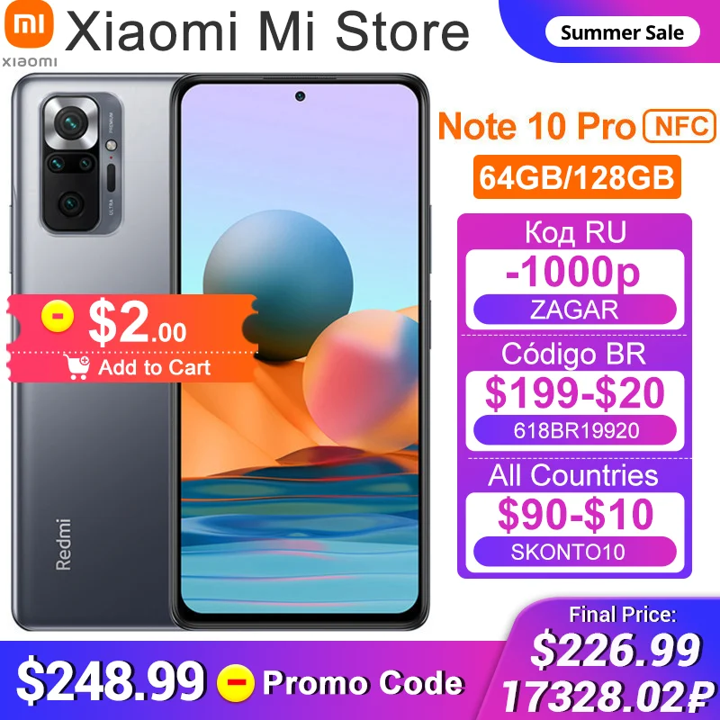 Глобальная версия Xiaomi Redmi Примечание 10 Pro мобильный телефон 64 Гб/128 ГБ Snapdragon 732 Octa