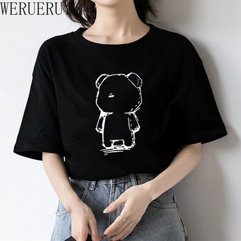 

Милые черные футболки с рисунком аниме, топ с коротким рукавом, женская одежда, летние футболки в стиле Харадзюку, корейские белые базовые х...